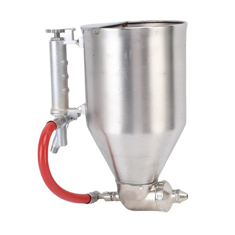 Industrial Grade Pneumatic Cement Mortar Sprayer With 6 Interchangeable Nozzles For Exterior Wall Textured Paint Plaster And Diatom Mud 3.5 Liter large stainless steel hopper with red hose attachment.