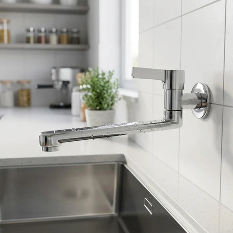 Wall Mounted Extended Kitchen Faucet Cold Only Rotatable Spout 304 Stainless Steel Single Lever for Mop Pool Utility Sink Silver(25cm) with sleek design.