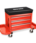 Three Drawer Rolling Tool Chest And Mechanic Seat With Tool Trays Pro Grade Heavy Duty 350 Pound Weight Capacity Red Finish