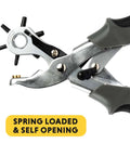 Close-up of beefy revolving punch pliers set with six hole sizes for leather rubber and plastic, ergonomic grip, spring-loaded design