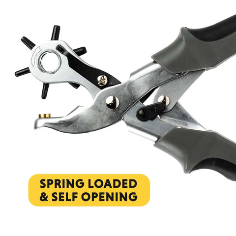 Close-up of beefy revolving punch pliers set with six hole sizes for leather rubber and plastic, ergonomic grip, spring-loaded design