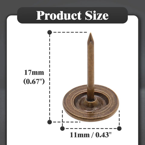 Product size illustration of Prime Bronze Flat Head Thumb Tacks For Maps Photos And Wall Boards Rust Proof Sturdy Iron Core With Slick Protective Layer Total 100 Pack.