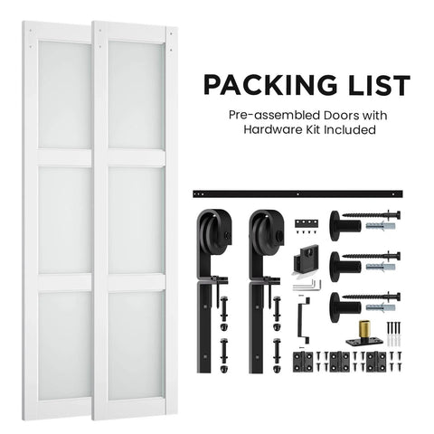 No Fuss Space Saver 30 By 84 Inch Bifold Sliding Barn Door With Hardware Kit Included, glass panels and hardware displayed