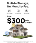Image of a house with text highlighting built-in storage and no monthly fee savings of $300 over 3 years.