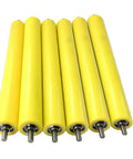 Top Shelf Polyurethane Conveyor Rollers 6 Pack Rock Solid Workhorse 1.4 Inch Dia in yellow for smooth material handling.