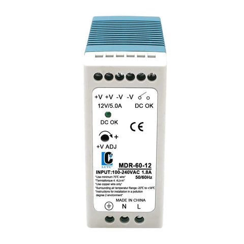 Front view of 12V DC DIN Rail Power Supply 60W 5A, 100-240VAC Input, 12V Output, showing terminals and specifications.