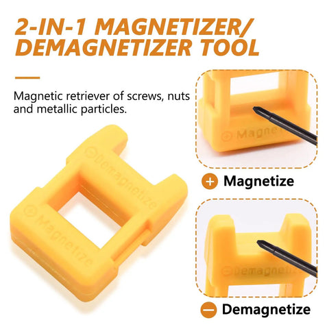 2-in-1 Magnetizer/Demagnetizer Tool for retrieval of screws and metallic particles, yellow plastic, handy for DIY projects.