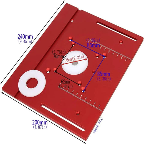 Heavy Duty Anodized Aluminum Router Table Insert Plate With Sturdy Miter Guide For Backyard Woodworking Bench Quick Swap Flip Mount Smooth Cutting Path Rust Resistant Red Color Built Like A Tank Top Pick For DIY Crews dimensions and detail view