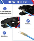 Heavy Duty Ratcheting Terminal Crimper For AWG 22 To 10 Gauge Wire Built Tough, showing crimping process with blue wire.
