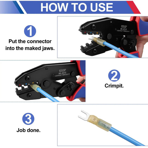 Heavy Duty Ratcheting Terminal Crimper For AWG 22 To 10 Gauge Wire Built Tough, showing crimping process with blue wire.