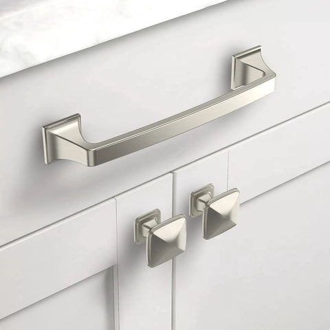10 Pack 5 Inch 128mm Brushed Satin Nickel Cabinet Handles for kitchen cabinets and drawers, installed on white cupboard