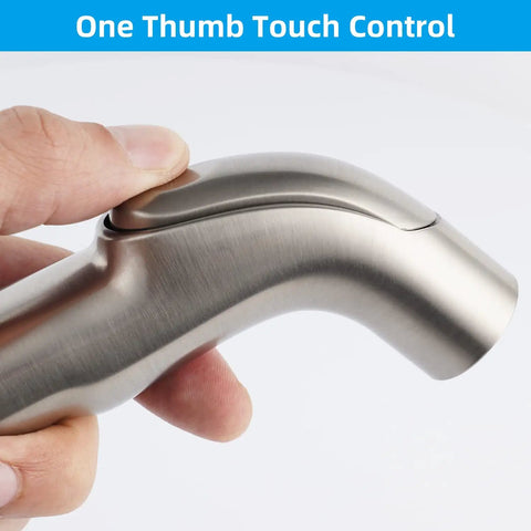 Brushed Nickel Kitchen Sink Sprayer Attachment With Ergonomic Pull-Out Head showing one-thumb control