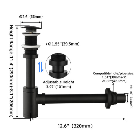 Dimensions of Bathroom Sink Stopper P Trap Complete Set Adjustable One And One Quarter Bottle Trap Solid Brass Drain Kit Matte Black No Overflow