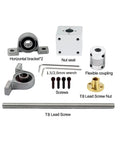 3D Printer Lead Screw T8 8Mm OD 2Mm Pitch With Horizontal Nut Set kit components arranged on white background