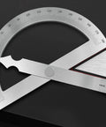 Rock Solid Heavy Duty Stainless Steel Angle Finder Protractor 0-180 Degree Precision Etched Goniometer Swinging Arm Measuring Ruler on black background.