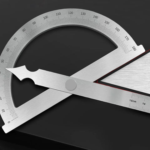 Rock Solid Heavy Duty Stainless Steel Angle Finder Protractor 0-180 Degree Precision Etched Goniometer Swinging Arm Measuring Ruler on black background.