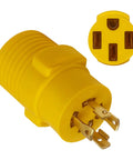 Heavy Duty Nema L14-30P To 14-50R RV Generator Adapter With 30 Amp Locking Plugs showing yellow connector and plug features.
