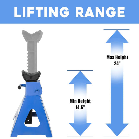 Front view of a blue 6-ton automotive jack stand; heavy-duty steel, adjustable height 14.6–24 inches.