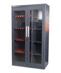 Heavy Duty CNC Tool Cabinet With Secure Lock, Large Capacity Workshop Storage Rack with glass doors and orange shelves.