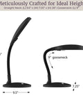 Natural Daylight Desk Lamp With Adjustable Gooseneck For Reading Working Crafting Sewing Or Homework Eye Strain Relief 6400K 27W Light For Dorm And Office Black side and front view with dimensions