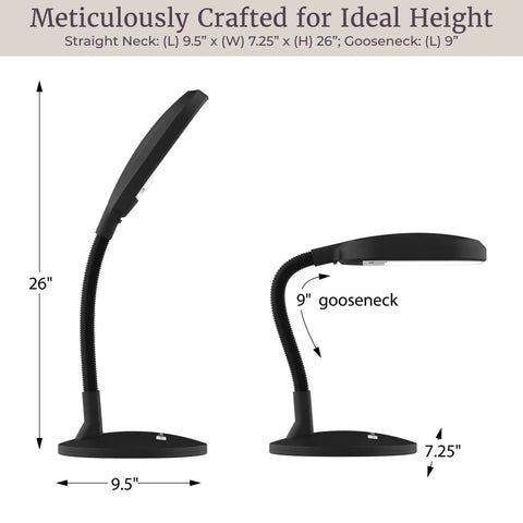 Natural Daylight Desk Lamp With Adjustable Gooseneck For Reading Working Crafting Sewing Or Homework Eye Strain Relief 6400K 27W Light For Dorm And Office Black side and front view with dimensions