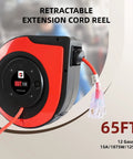 Red Retractable Extension Cord Reel With 65 Feet Of 12 AWG Heavy Duty Power Cord 15 Amp Breaker Three Lighted Outlets SJTOW