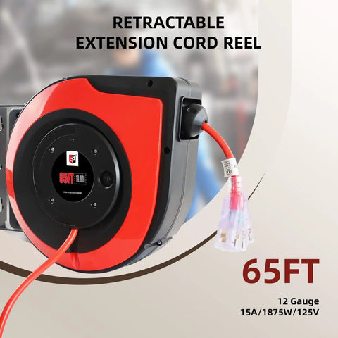 Red Retractable Extension Cord Reel With 65 Feet Of 12 AWG Heavy Duty Power Cord 15 Amp Breaker Three Lighted Outlets SJTOW