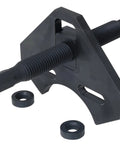 Hub remover tool, black metal; side view showing threaded shaft and two washers.