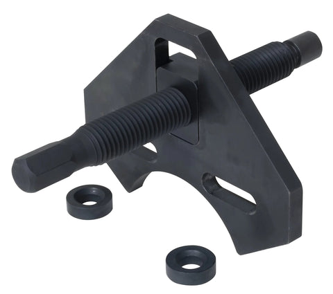 Hub remover tool, black metal; side view showing threaded shaft and two washers.