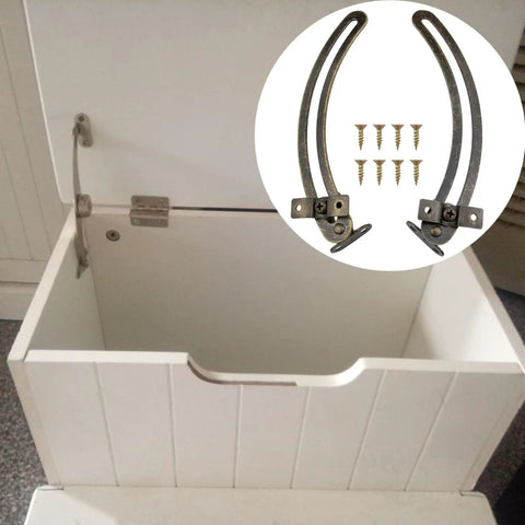 Two Piece Lid Support Hinge Set For Cabinets And Wooden Jewelry Boxes With Curved Rods And Eight Screws installed on cabinet