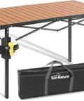 46.4 Inch Large Camping Table For Two To Six People Beefy Built Heavy Duty Foldable Aluminum Roll Up Top Carry Bag shown folded