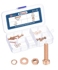 Premium Grade Red Copper Socket Head Cap Screws Plus Hex Nuts Kit M4 0.7x16mm set inside box, showcasing fasteners and nuts.