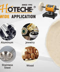 Pro Grade Heavy Duty Bench Buffer Polisher With Variable Speed Control Electric Buffing Machine Workhorse For Metal Wood Jewelry Sanding And Waxing Roll Through Grime Give Surfaces A Factory Finish shown with various materials like aluminum, jewelry, stainless steel, and wood