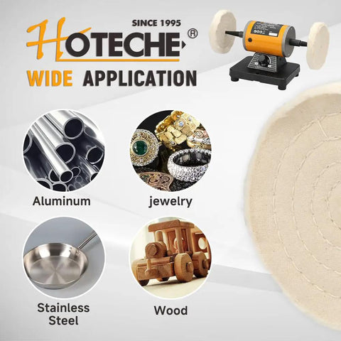 Pro Grade Heavy Duty Bench Buffer Polisher With Variable Speed Control Electric Buffing Machine Workhorse For Metal Wood Jewelry Sanding And Waxing Roll Through Grime Give Surfaces A Factory Finish shown with various materials like aluminum, jewelry, stainless steel, and wood