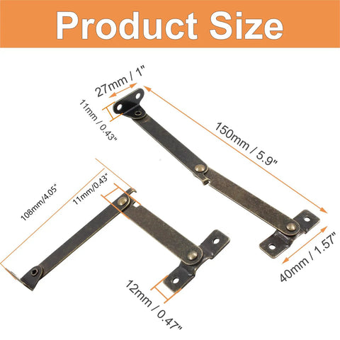 Antique Bronze Folding Lid Stay Hinges 2 Pack Left Side Lift Up for furniture cabinets 5.9 inch full length, product dimensions shown