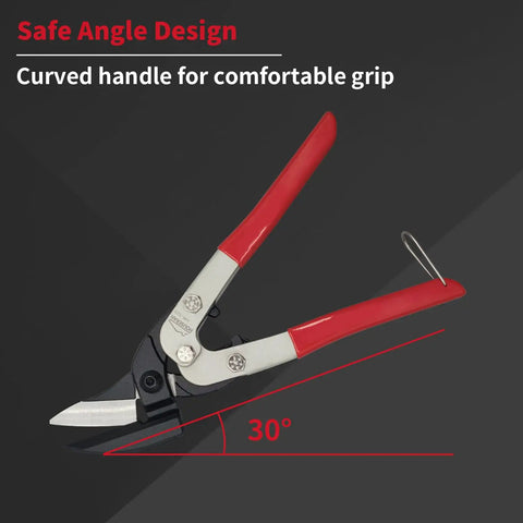 Left Cut Tin Snips 10 Inch Aviation Snips Beefy Heavy Duty Sheet Metal Cutter With Safety Lock And Non Slip Handle CRV Steel Sharp Teeth Metal Shears For Cutting Metal Sheets showing curved handle design