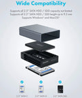 Dual Bay External Raid Enclosure For 2.5 Inch Sata Drives With Usb C Gen Two Ports, showing compatibility with various SATA drives.