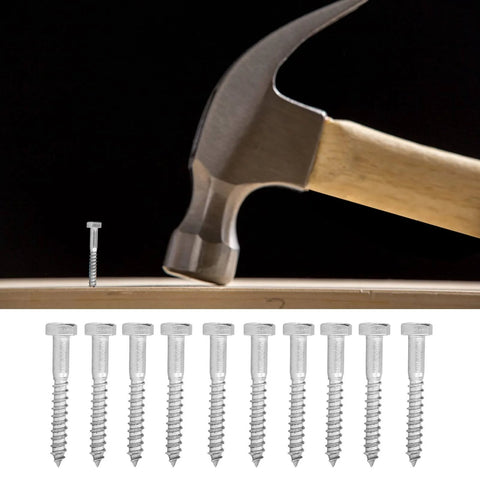 Beefy Half Thread Hex Lag Screws Self Tapping Wood Screws In A2-70 Stainless Steel for carpentry, shown with hammer.