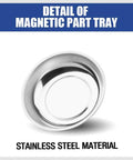 Detail of Magnetic Tray Set For Mechanics Gearhead Favorite 3 Piece Round Stainless Steel Magnetic Parts Tray Kit In 3 In 4 In And 6 In Sizes Rust Resistant Heavy Duty Organizer For Tools And Small Parts showing stainless steel material