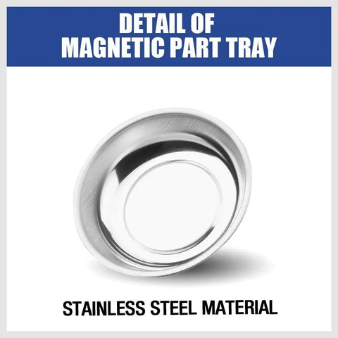 Detail of Magnetic Tray Set For Mechanics Gearhead Favorite 3 Piece Round Stainless Steel Magnetic Parts Tray Kit In 3 In 4 In And 6 In Sizes Rust Resistant Heavy Duty Organizer For Tools And Small Parts showing stainless steel material