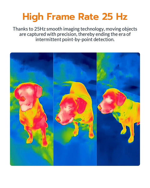 High Resolution Thermal Imaging Camera With 320x240 IR Sensor UIRA IR Thermometer Mode Native Heat Data And AI Powered Detection Portable Handheld Infrared Camera For Pros And DIY Enthusiasts showing 25 Hz dog thermal scans