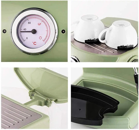 Close-up of Semi Automatic Espresso Machine 19 Bar Pump With Pressure Gauge Dual Temperature Control for home use, retro green design
