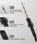 Close-up view of Five Piece Countersink Drill Bit Set for Wood with Sizes 4 6 8 10 12 and a 2.5mm Allen Wrench plus Free Storage Case.