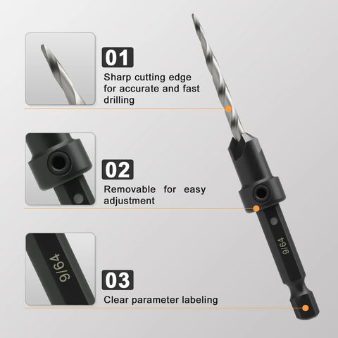 Close-up view of Five Piece Countersink Drill Bit Set for Wood with Sizes 4 6 8 10 12 and a 2.5mm Allen Wrench plus Free Storage Case.