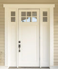 Front view of an elegant white door with glass panels, a perfect match for Six Pack Heavy Duty Ball Bearing Door Hinges 4.5 By 4.5 Square Inch Brushed Nickel Stainless Steel Build Rust Proof Hardware.