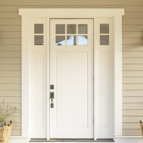 Front view of an elegant white door with glass panels, a perfect match for Six Pack Heavy Duty Ball Bearing Door Hinges 4.5 By 4.5 Square Inch Brushed Nickel Stainless Steel Build Rust Proof Hardware.