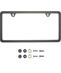 Two Hole Slim Version Matte Flat Black License Plate Frame Built From T304 Stainless Steel With Real Metal Screw Caps displayed