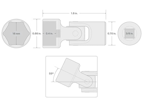 Three Eighths Inch Drive Universal Joint Socket, Pro Grade, With 16 Mm Hex, 55° pivot, 3/8 in drive, dimensions shown