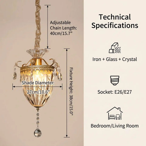 vhhob French Light Luxury Crystal Pendant Lamp Ceiling Hanging Fixture with adjustable chain length and specifications