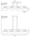 Dimensions diagram of Grove 38 Inch 4 Light Dope Modern Farmhouse Kitchen Island Light with Schoolhouse Glass Shades in Smoked Birch Finish.